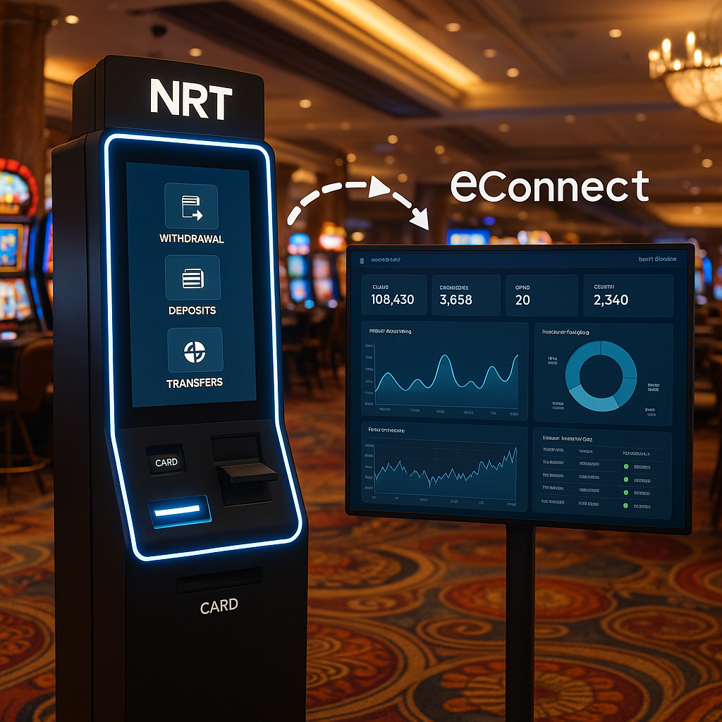 Create a professional illustration of a casino kiosk connected to a digital dashboard symbolizing integration between NRT kiosks and eConnect technology in a casino environment-3