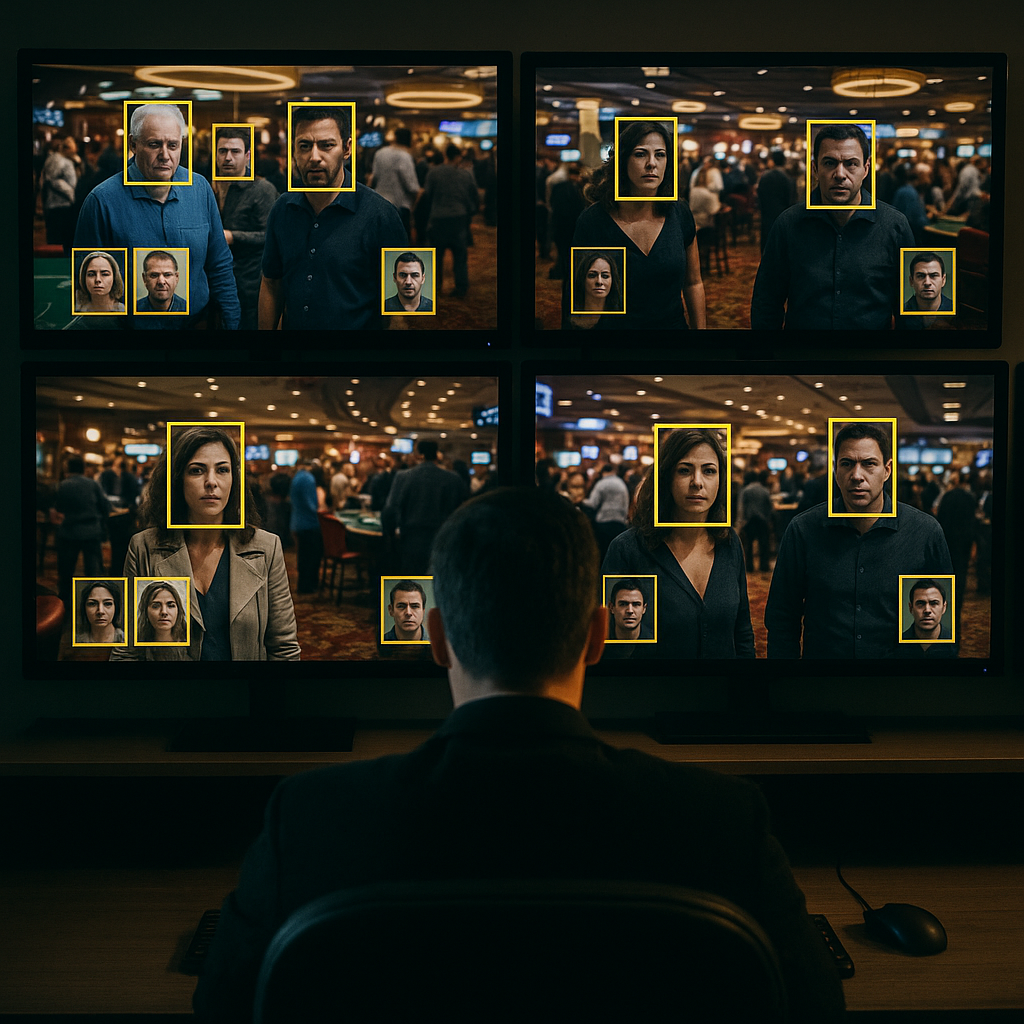 Show me facial recognition in a surveillance room for a casino-1