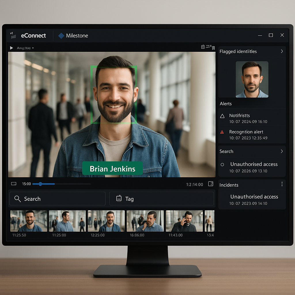 eConnect connects directly to Milestone XProtect overlaying facial recognition data flagged identities and eventbased alerts onto live and recorded video feeds Users can search by face or tag instantly access related footage and manage incidentsall w