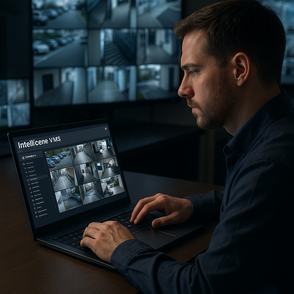 show me Intellicene vms show me a man looking at the vms up on a laptop in a survaillance room-2