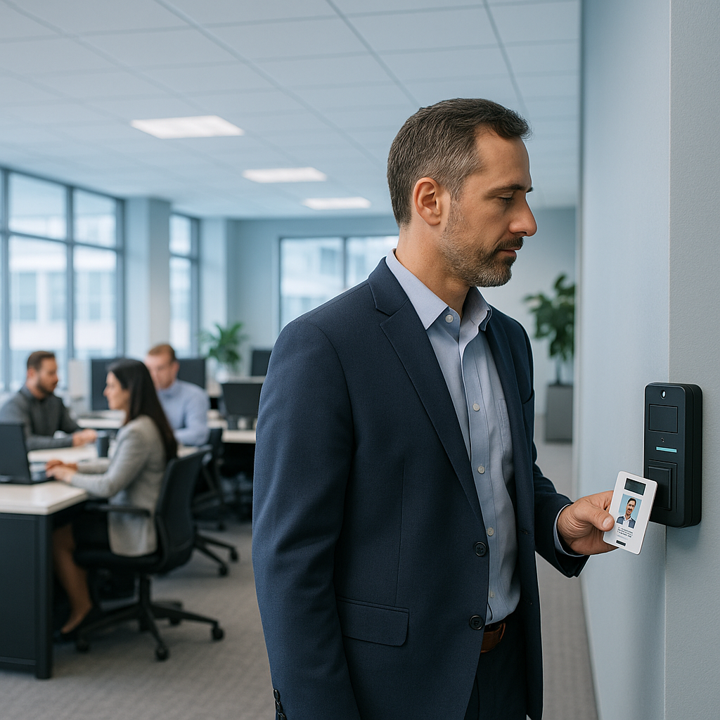 show me a vendor badgeing system in a office environment dont include any text show from a distance give the walls of the office a slight blue tint