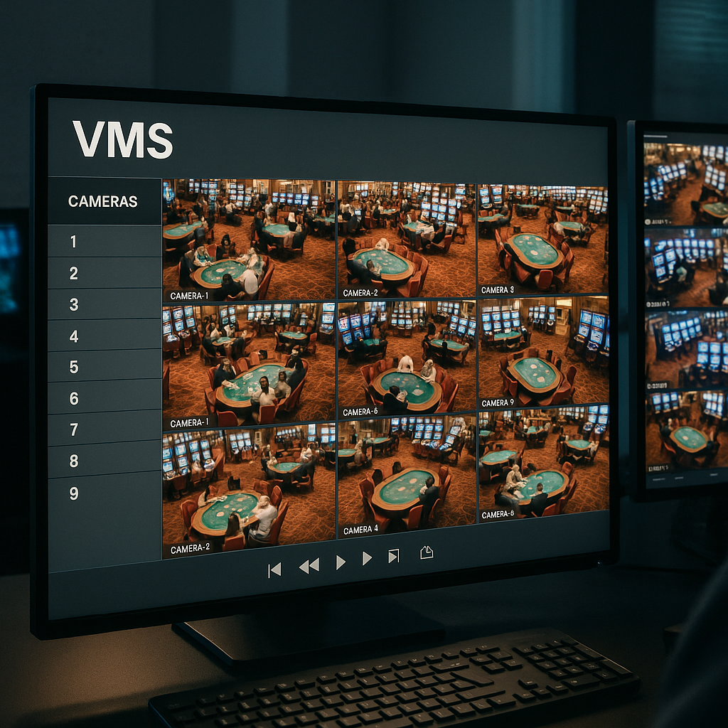 show me a vms on a screen in a survaillance room for a casino-1