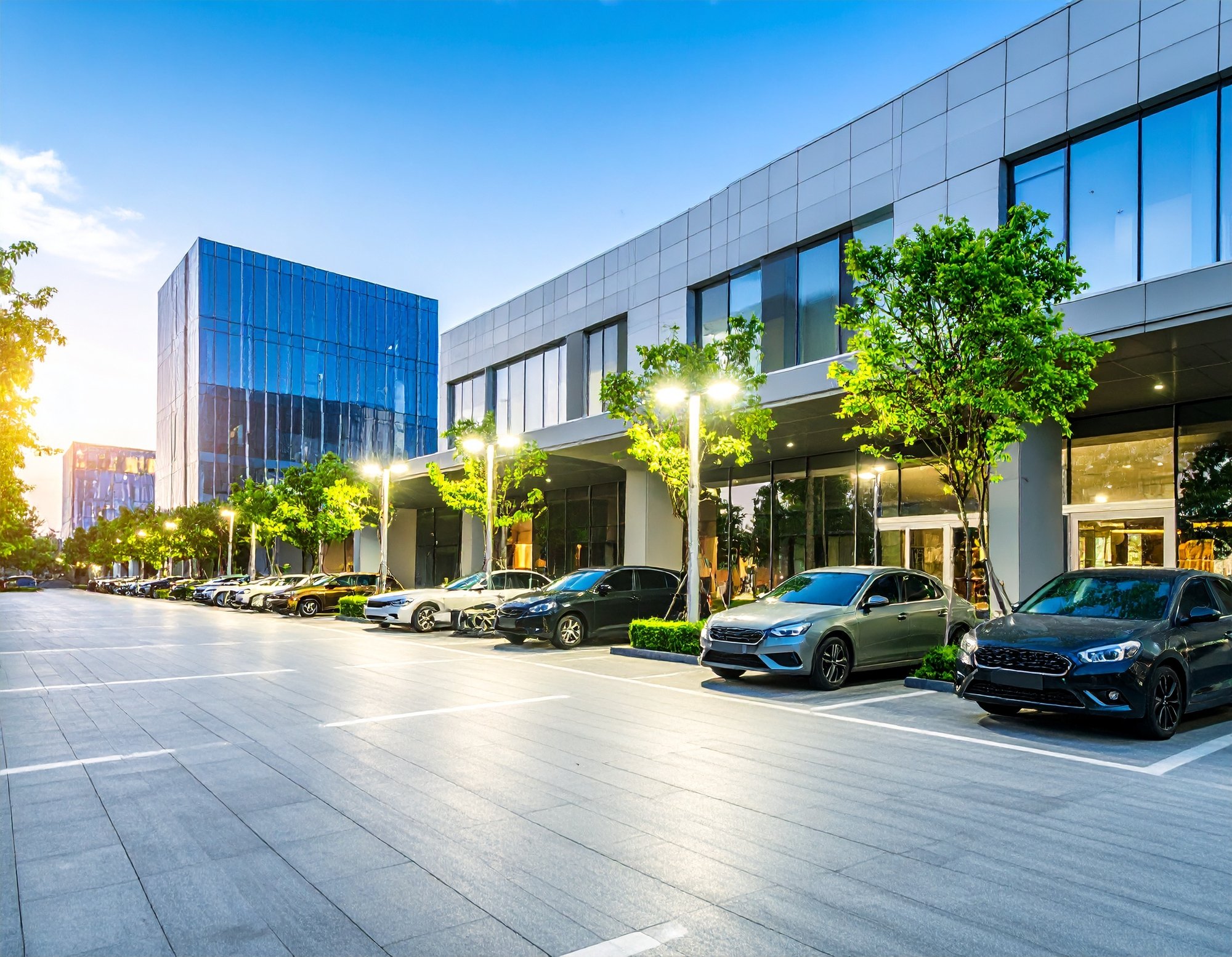 Firefly_show me a corperate office parking lot  780827