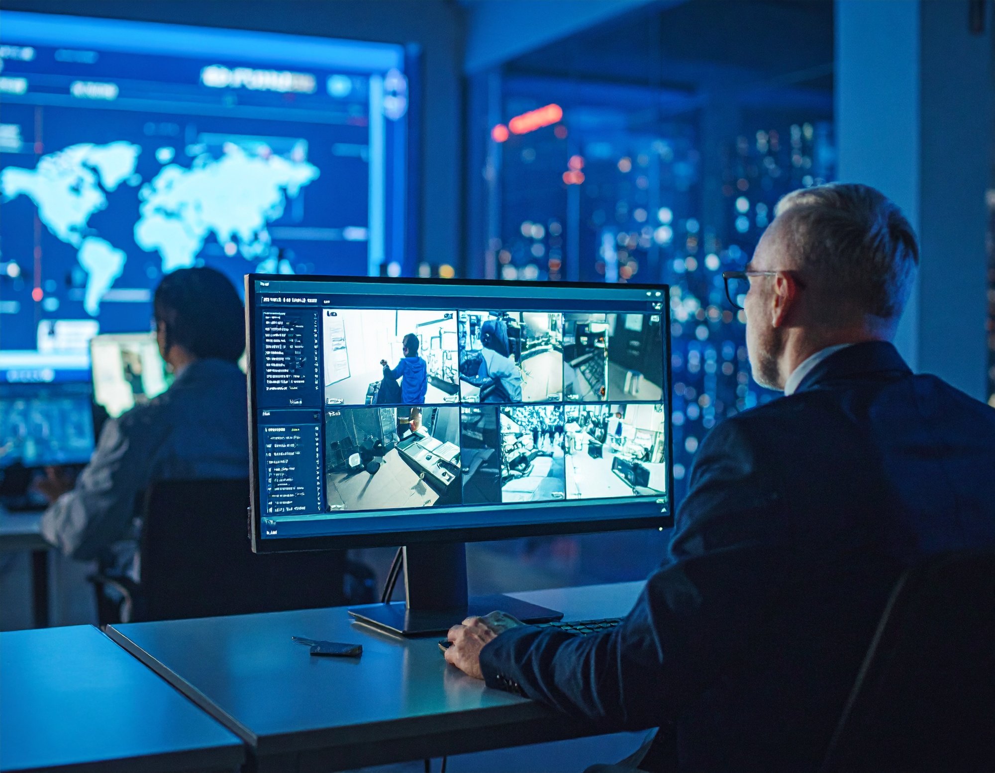 Firefly_show me a man looking at survaillane footage in an office setting, catching an cashie 255639-2